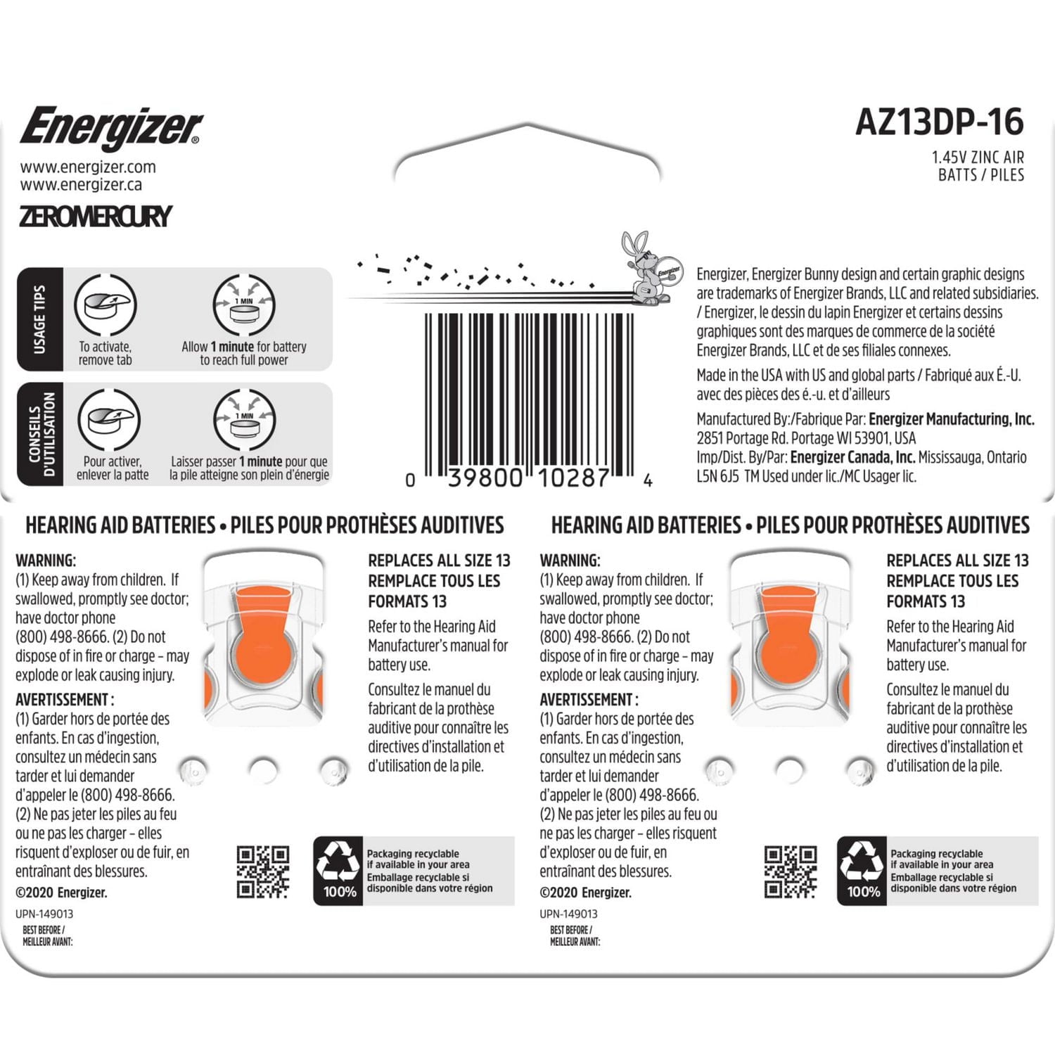 Energizer Hearing Aid Batteries Size 13, Orange Tab, 16 Pack