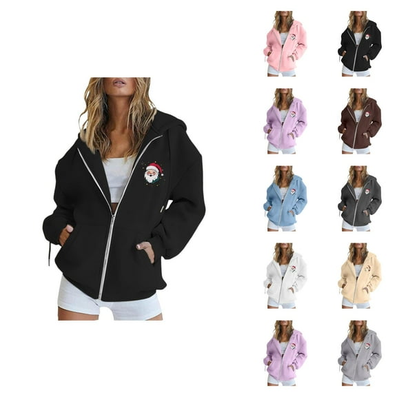 Christmas Zip Up Hoodies for Women Long Sleeve Xmas Santa Graphic Hooded Sweatshirt with Pockets Jacket Coat Outerwear