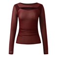 thumbnail image 5 of Lace Mesh Sheer Long Sleeve Tops for Women Crew Neck Cut Out Front Side Ruched Asymmetrical Hem Party Clubwear Fitted Tight T Shirts Blouses Red L, 5 of 5