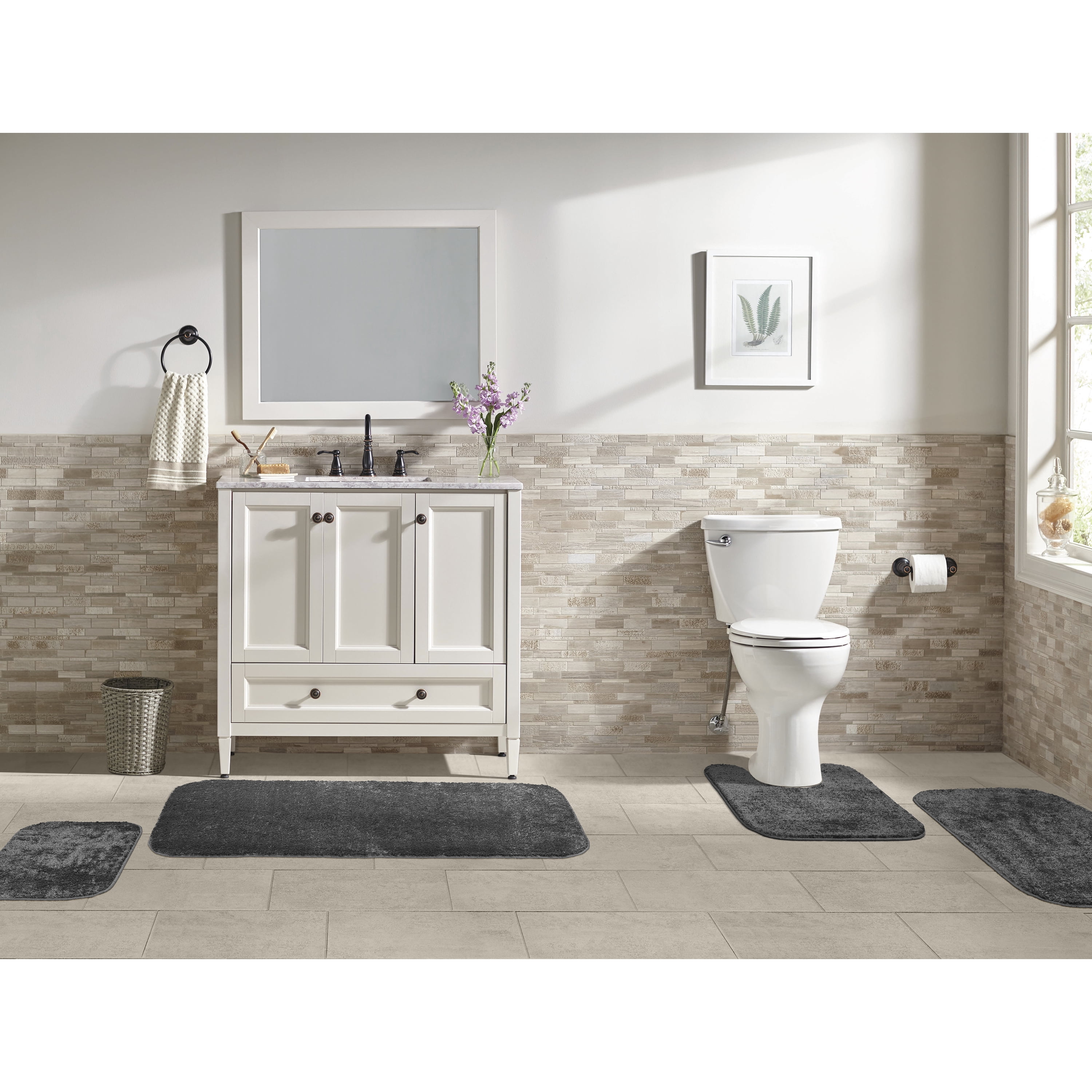 Garland Rug Gramercy Washable Bath Rug Set, 4-Piece (2 Bath Rugs, Contour Rug, Runner Rug) Cinder Gray