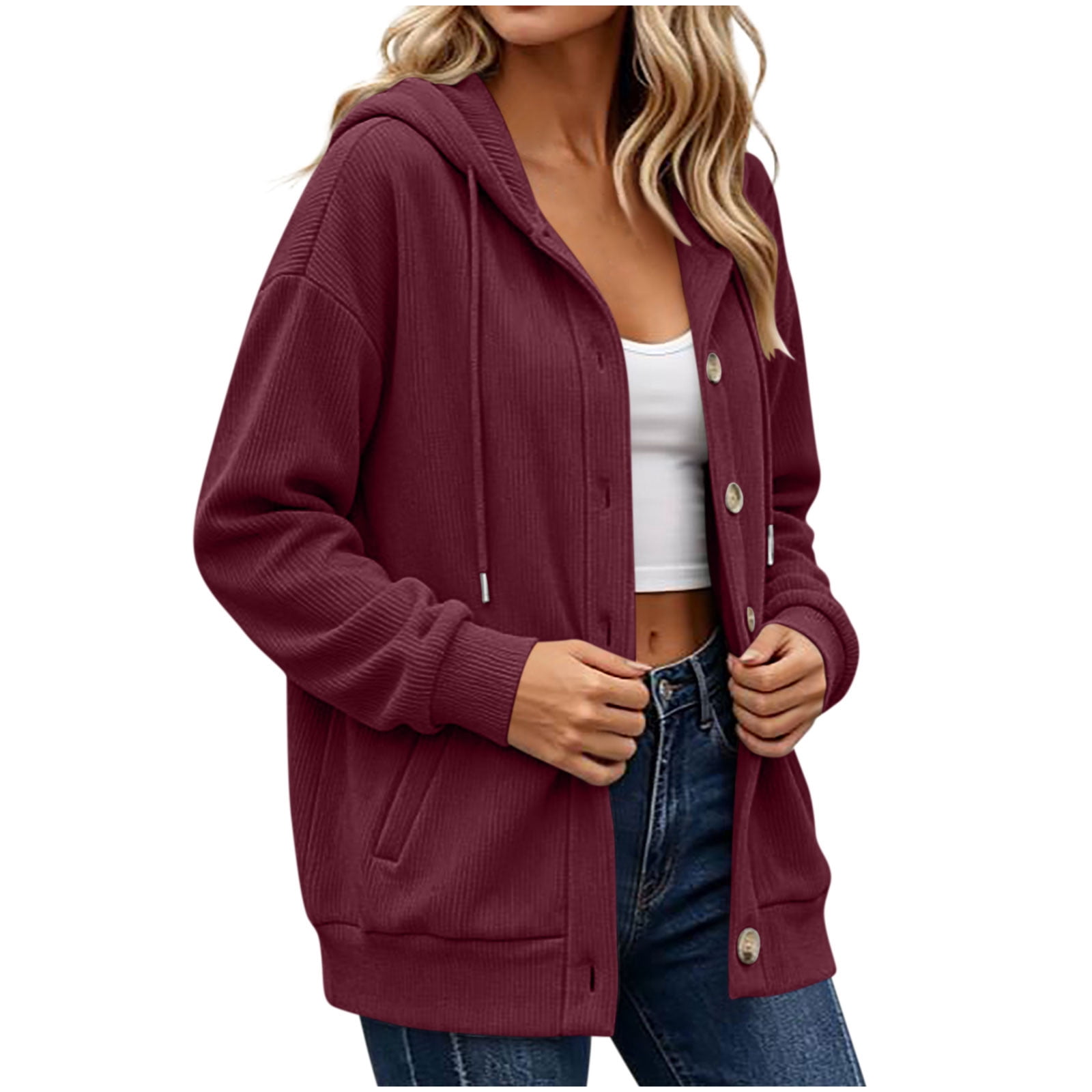 Mineart Women Long Sleeve Ribbed Texture Shacket Jacket Button Down Hooded Coats Cardigan Outerwear