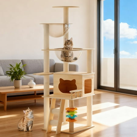 Vacmaster 59 Modern Cat Tower Wood Cat Tree Tower for Indoor Cats Cat Treewith Sisal-Covered Scratching Posts and Top Perch Cat Condo with Acrylic Hammock for Small Large Cats