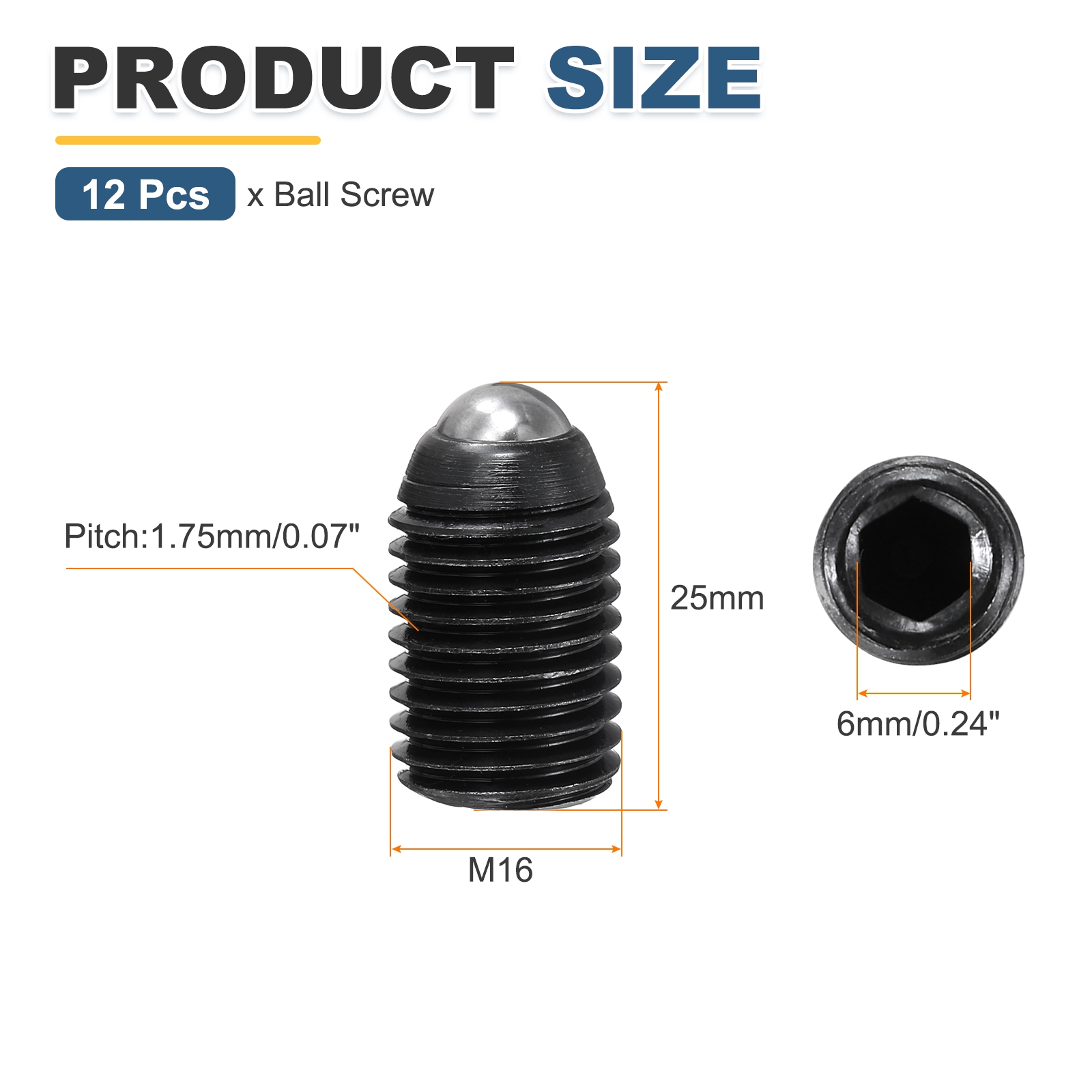 Ball Point Set Screws,M16x25mm Carbon Steel Hex Socket Grub Screw, Pack of 12