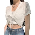 thumbnail image 4 of hirigin Women's knitted Crop Tops Short Sleeve Front Lacing Solid Hollowed Summer Casual Crop Top, 4 of 9
