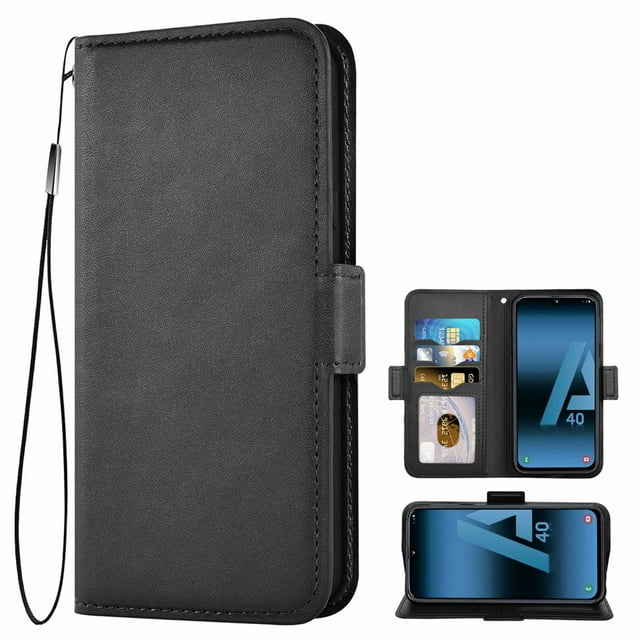 Samsung Galaxy A40 Case, Mobile Phone Leather Sleeve PU Leather Cover Wallet Cell Phone Case Cover Compatible for Samsung Galaxy A40 Leather Case - Black