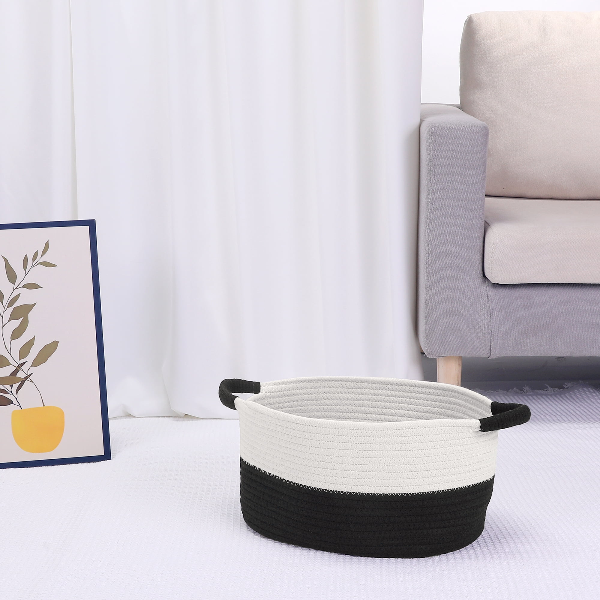 REGALWOVEN Woven Storage Basket with Handles, Shelf Closet Storage Bin White/Black 13*9.5*7in