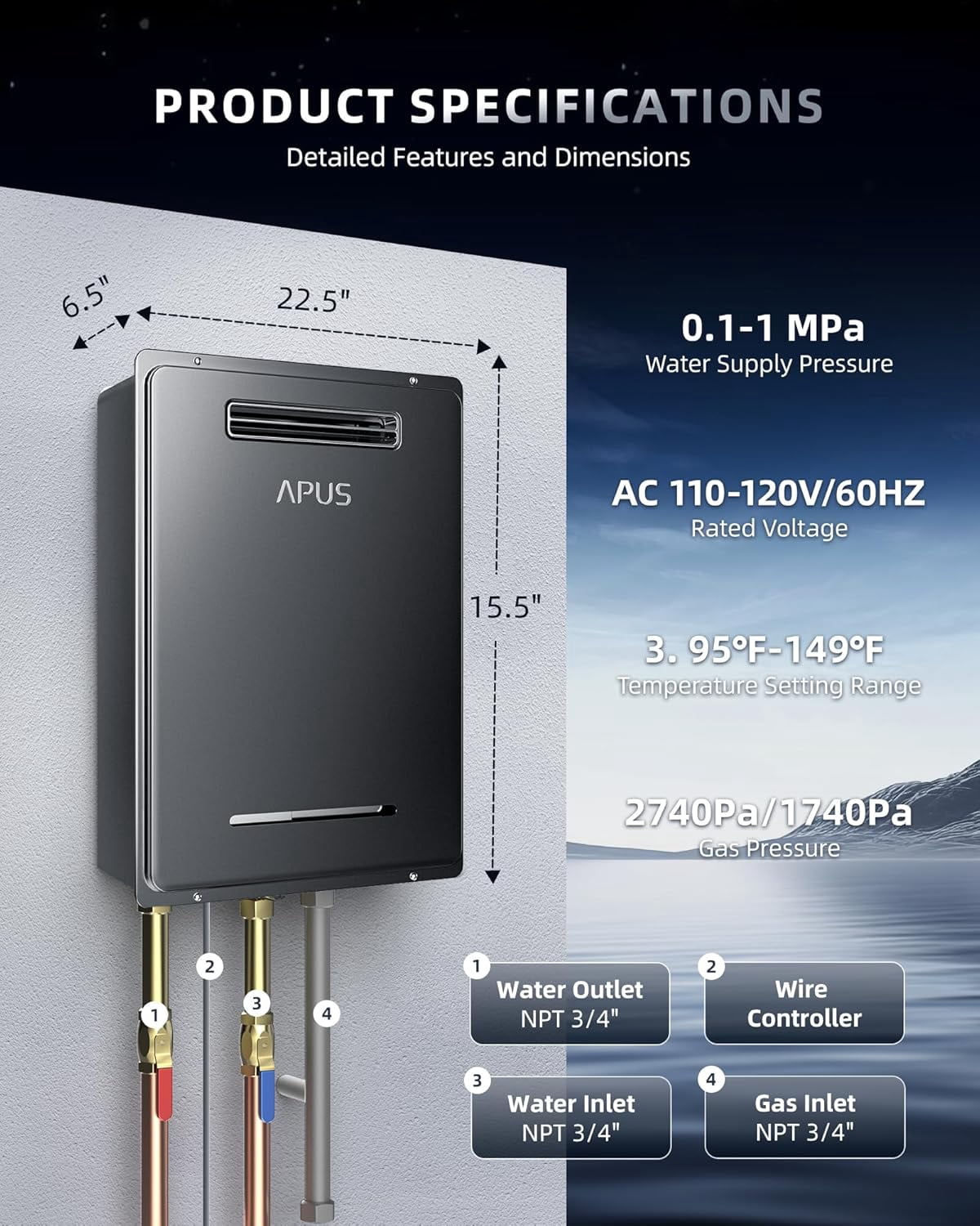 190000BTU Outdoor Tankless Water Heater,with WiFi & Remote Control,High Efficiency for Supports 5 Outlets