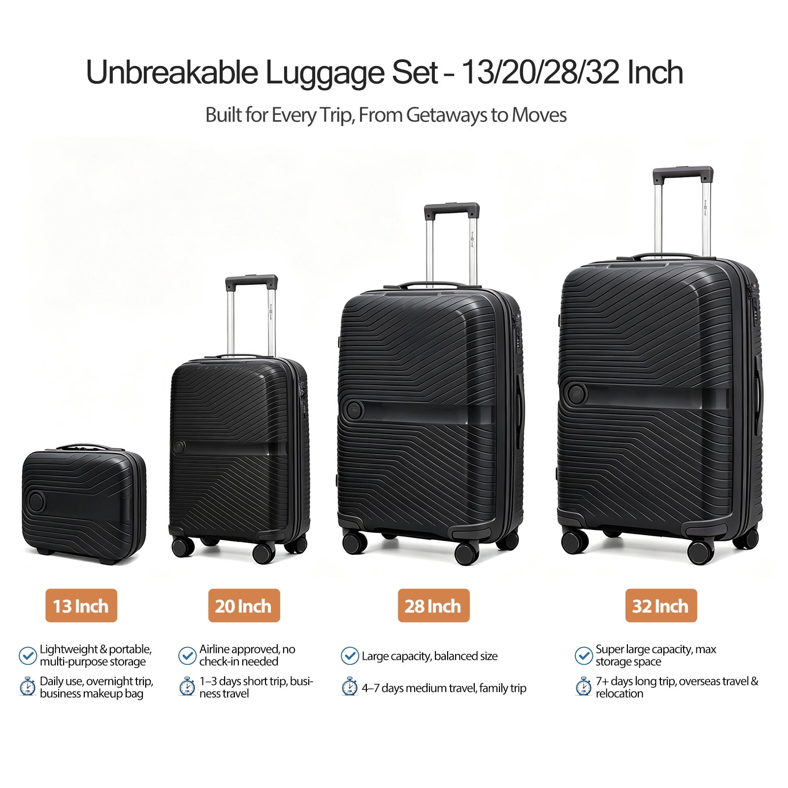 4 Piece Expandable ABS Luggage Set 13"+20"+28"+32", Hard Shell Spinner Suitcases with TSA Lock, Lightweight Travel Suitcase for Family Trip BLACK