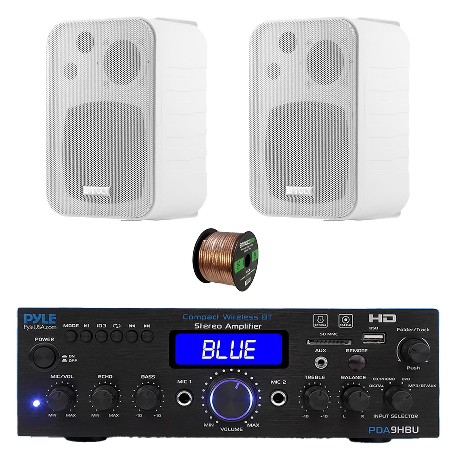 Pyle PDA9HBU 2-Channel Home Theater Bluetooth HiFI Audio Optical/HDMI/USB/SD FM Radio Receiver, 2x 4" 30 Watt 3-Way Water-Resistant Indoor/Outdoor Audio Speakers (White), 50 ft 16 Gauge Speaker Wire