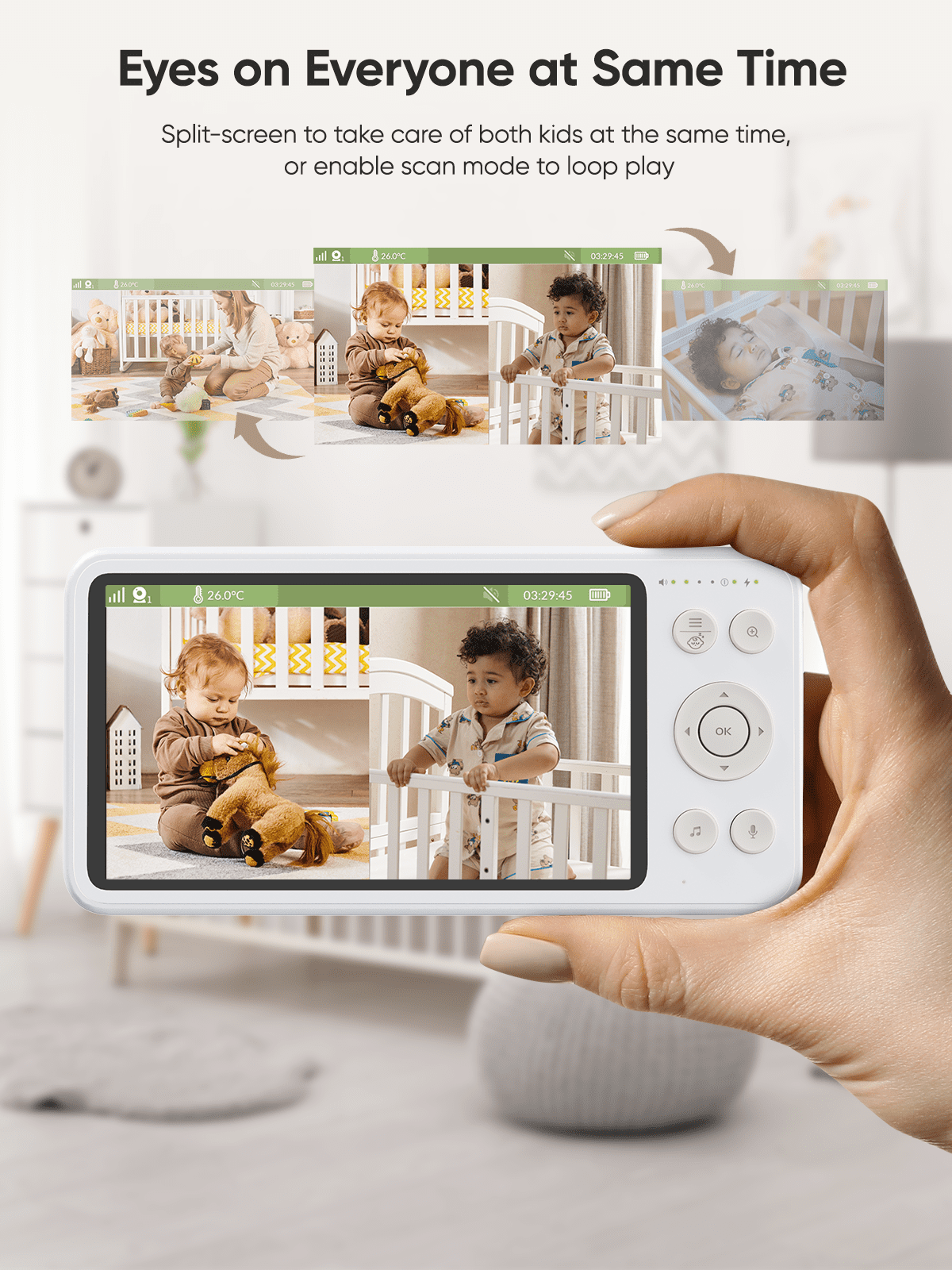 1440p Baby Monitor with 2 Cameras and 5.5'' Split Screen 240h Lasting No WiFi