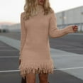 thumbnail image 4 of Duoif Sweater Dresses for Women, Womens Long Sleeve Sweater Dress Casual Turtleneck Ribbed Knit Pullover Tassel 2025 Fall Short Dresses Womens Dresses Khaki M, 4 of 5