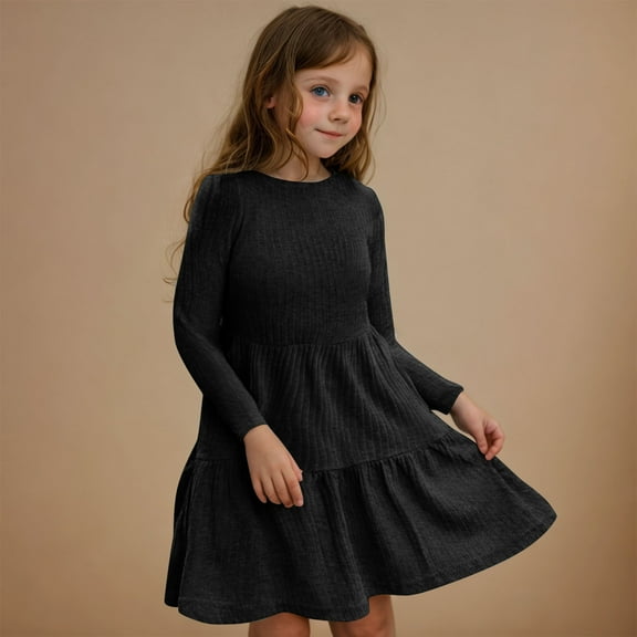 BRGZLK Toddler Girls Long Sleeve Tiered Rib Knit Dress Fall Trendy Solid Color Round Neck A-Line Princess Dress with Pocket Black 7-8 Years