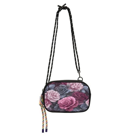 Women's Crossbody Phone Bag Small Wallet Purse with Detachable Rope Strap Travel Handbags Roses in Pink and Gray Tones