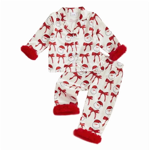 Cjfdfy Toddler Baby Girl Christmas Silk Stain Pajamas Set Kids Girls PJS Set Sleepwear Fall Winter Clothes Pumpkin Bow Print Long Sleeve Button Down Shirt with Long Pants Set Loungewear 1-8Y
