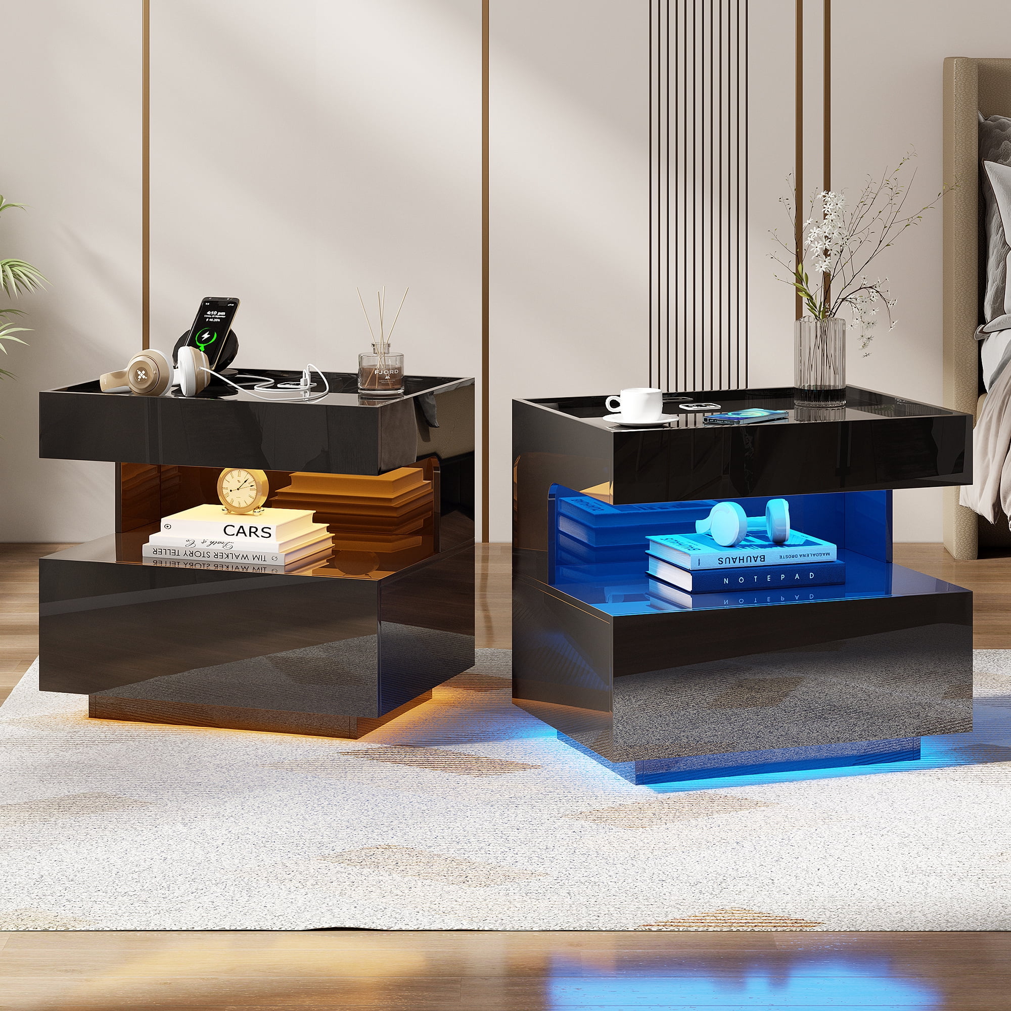 VKCC Modern LED Nightstand with Open Shelf, 2-Drawer Bedside Table with Charging Station, Black