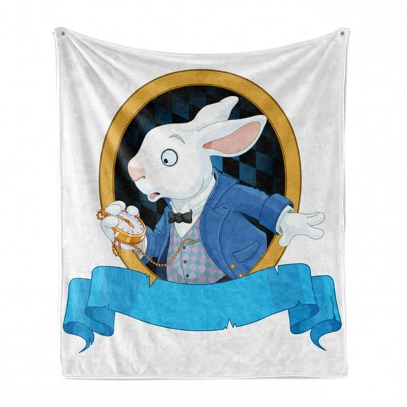 Alice in Wonderland Soft Flannel Fleece Throw Blanket, Rabbit Pocket Watch Design Alice Fantasy World, Cozy Plush for Indoor and Outdoor Use, 60" x 80", Blue White Earth Yellow, by Ambesonne