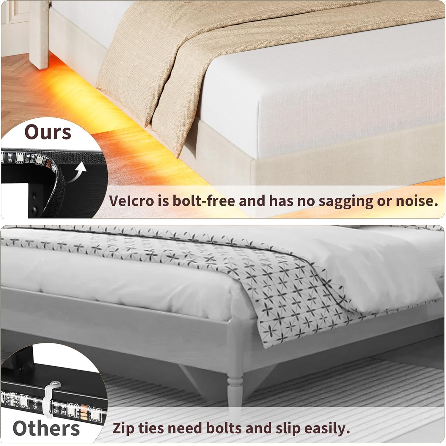 Shininglove Queen Size Upholstered Floating Bed Frame with RGB LED Lights & Charging Station, No Box Spring Needed (Beige)