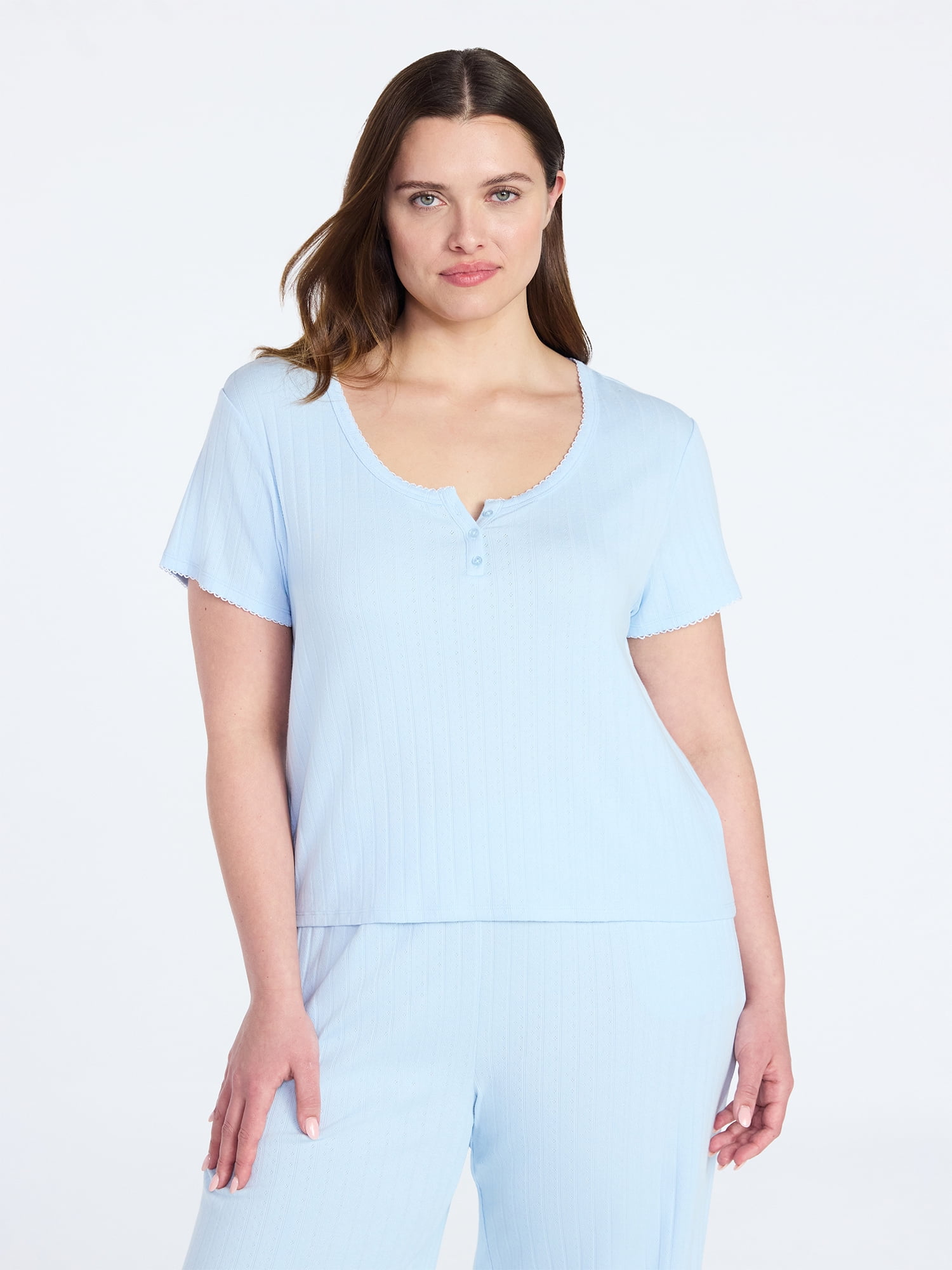 Joyspun Women’s Pointelle Knit Sleepwear Henley Tee with Short Sleeves, Sizes XS-3X