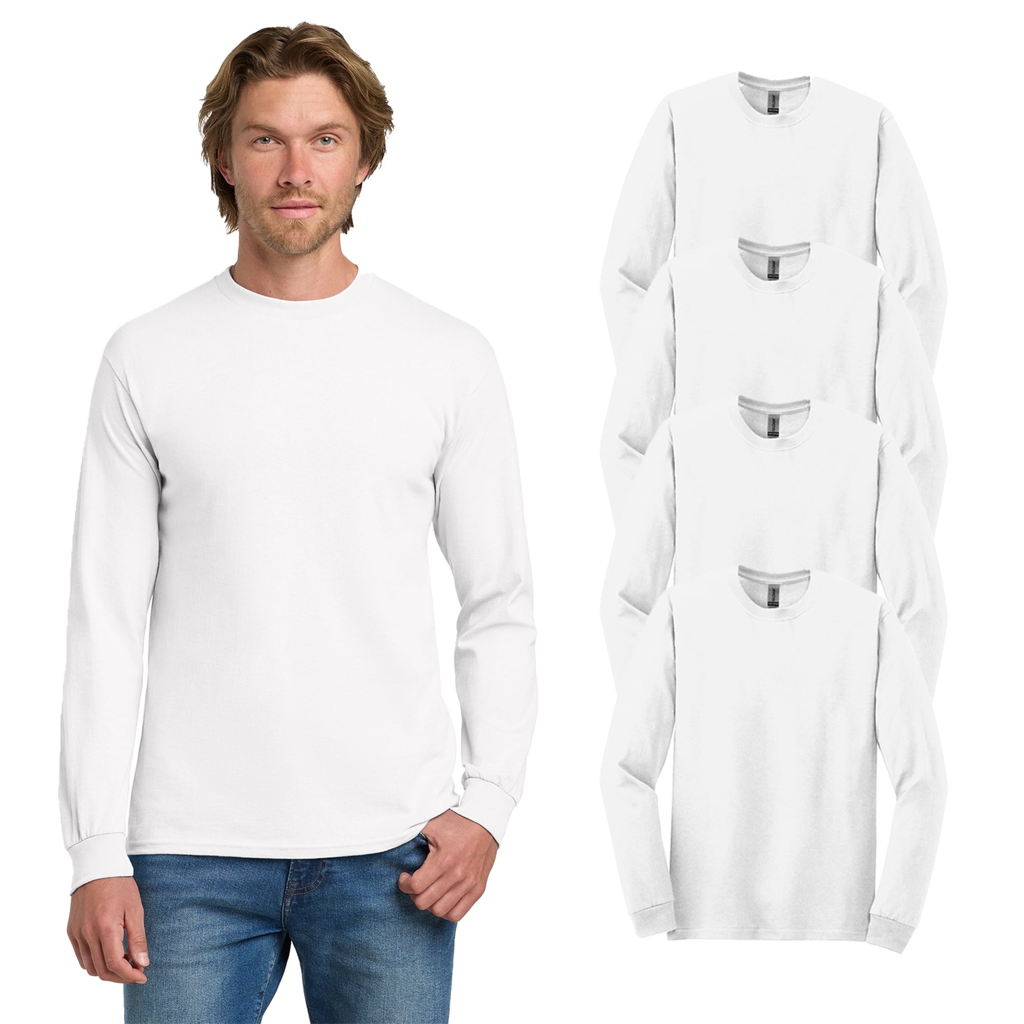 Gildan Men's Long Sleeve T-Shirt - Ultra Cotton Crew Neck, Plain White, Size L