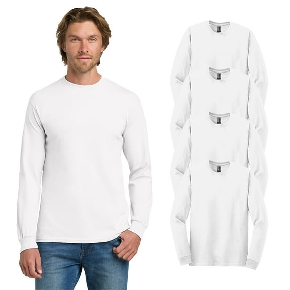 Gildan Heavy Cotton Men Long Sleeve T-Shirt, Classic Fit Crewneck 4 Pack White Tee, L