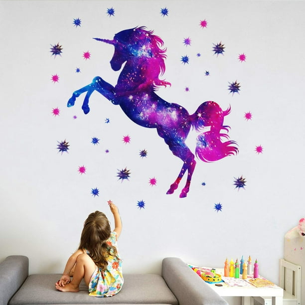 nipocaio Colorful Galaxy Unicorn and Stars 3D Wall Stickers , Removable  Mural Decal,The Art Magic Horse Home Decor for Kid's Living Room Bedroom