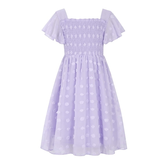 Aideaone Girls Chiffon Dress Flutter Ruffle Short Sleeve Kids Square Neck Frocks Purple 6-13Y