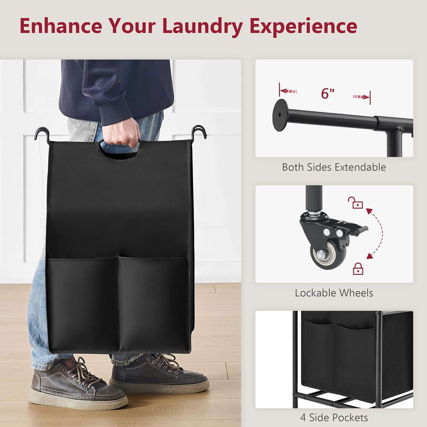 Laundry Sorter with Hanging Rack, 2 Section Rolling Laundry Hamper with Lockable Wheels and Removable Bag