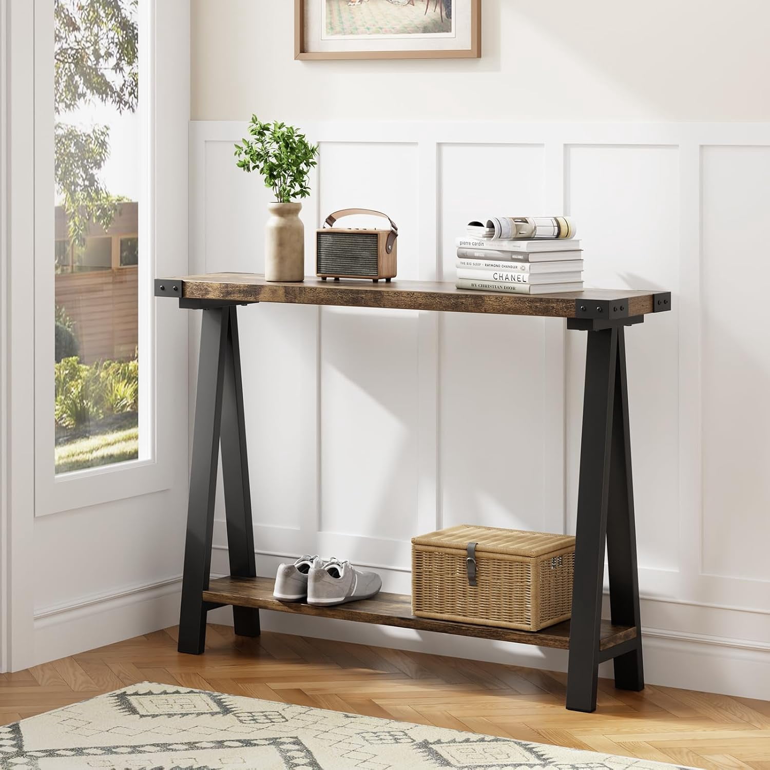Farmhouse Narrow Entryway Table, 43.3" Console Table with Storage, 2 Tier Sofa Table with Metal Frame and MDF, Narrow Console Table for Living Room, Hallway, Entryway-Rustic Brown