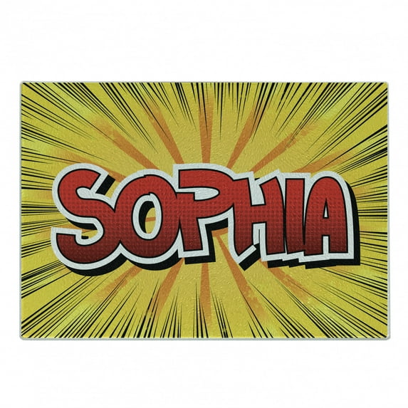 Sophia Cutting Board, Most Popular Girls` Given Names in Western World Retro Comic, Decorative Tempered Glass Cutting and Serving Board, Small Size, Yellow Red and Black, by Ambesonne