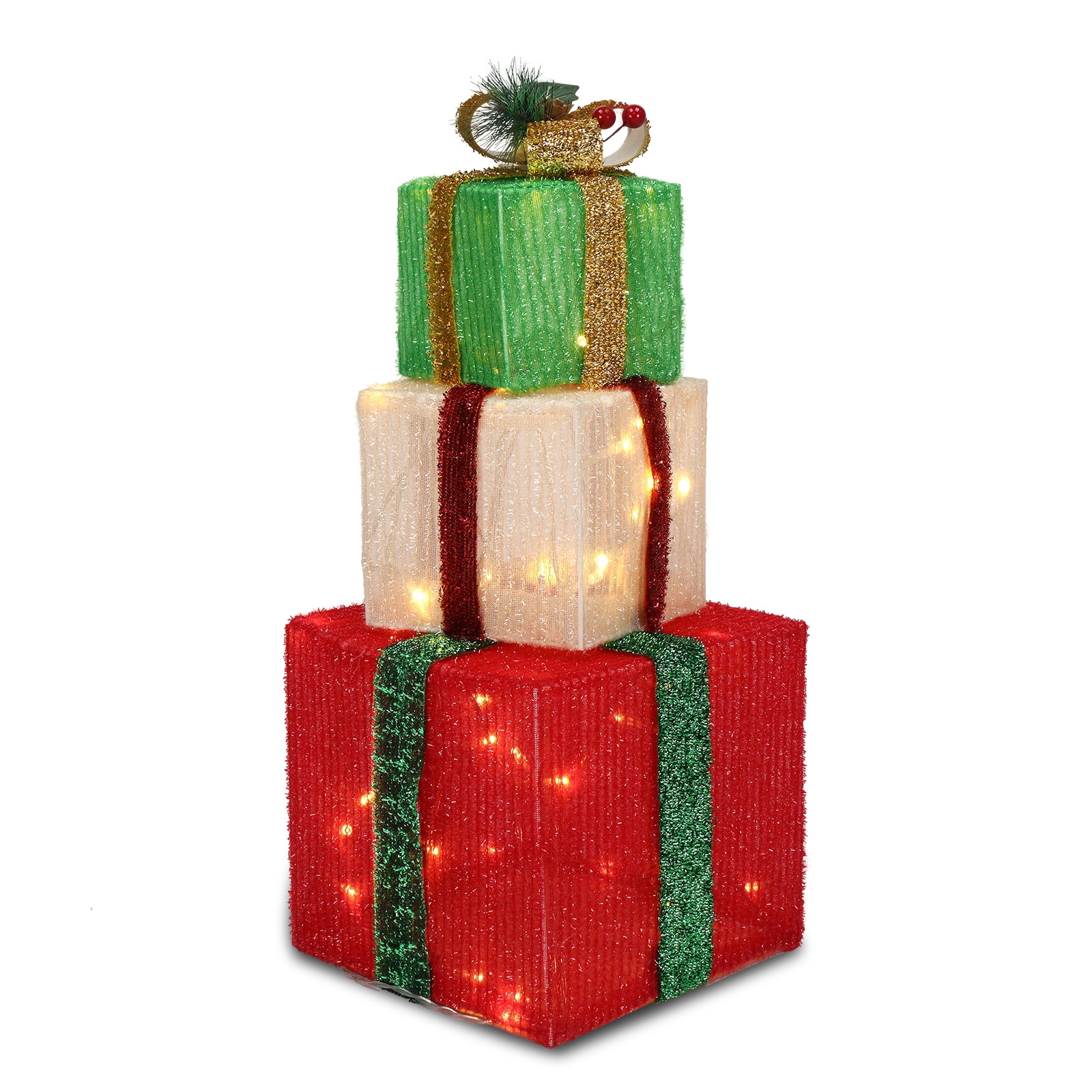 Astoutdoor Christmas Lighted Gift Boxes, Set of 3, White Plastic, Warm White LED, Battery Operated, Indoor Outdoor Decoration