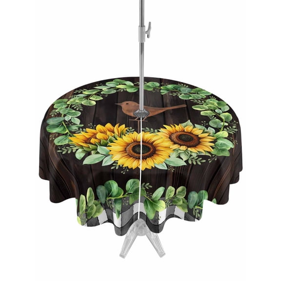 Spring Eucalyptus Sunflower Outdoor Tablecloth - 60 Inch Round Dining Table Cover, Farmhouse Birds Brown Wood Waterproof Outdoor Table Cloth with Umbrella Hole & Zipper for Picnic/Patio/Party