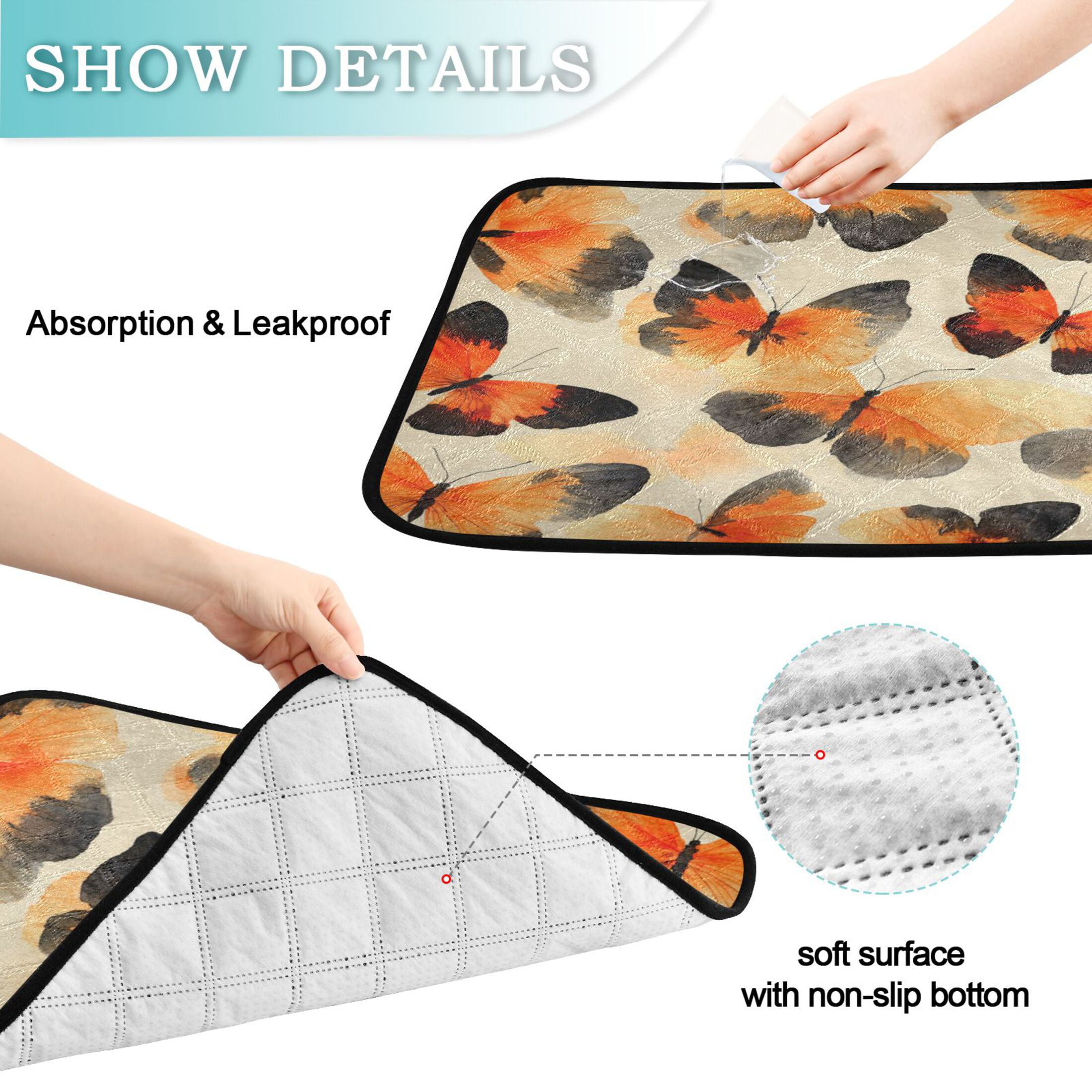 Qxltty Orange Black Butterfly Cat litter Pads Pet Set of 2 Diaper Mats Center Anti-leakage Layer Absorbent Soft and Comfortable