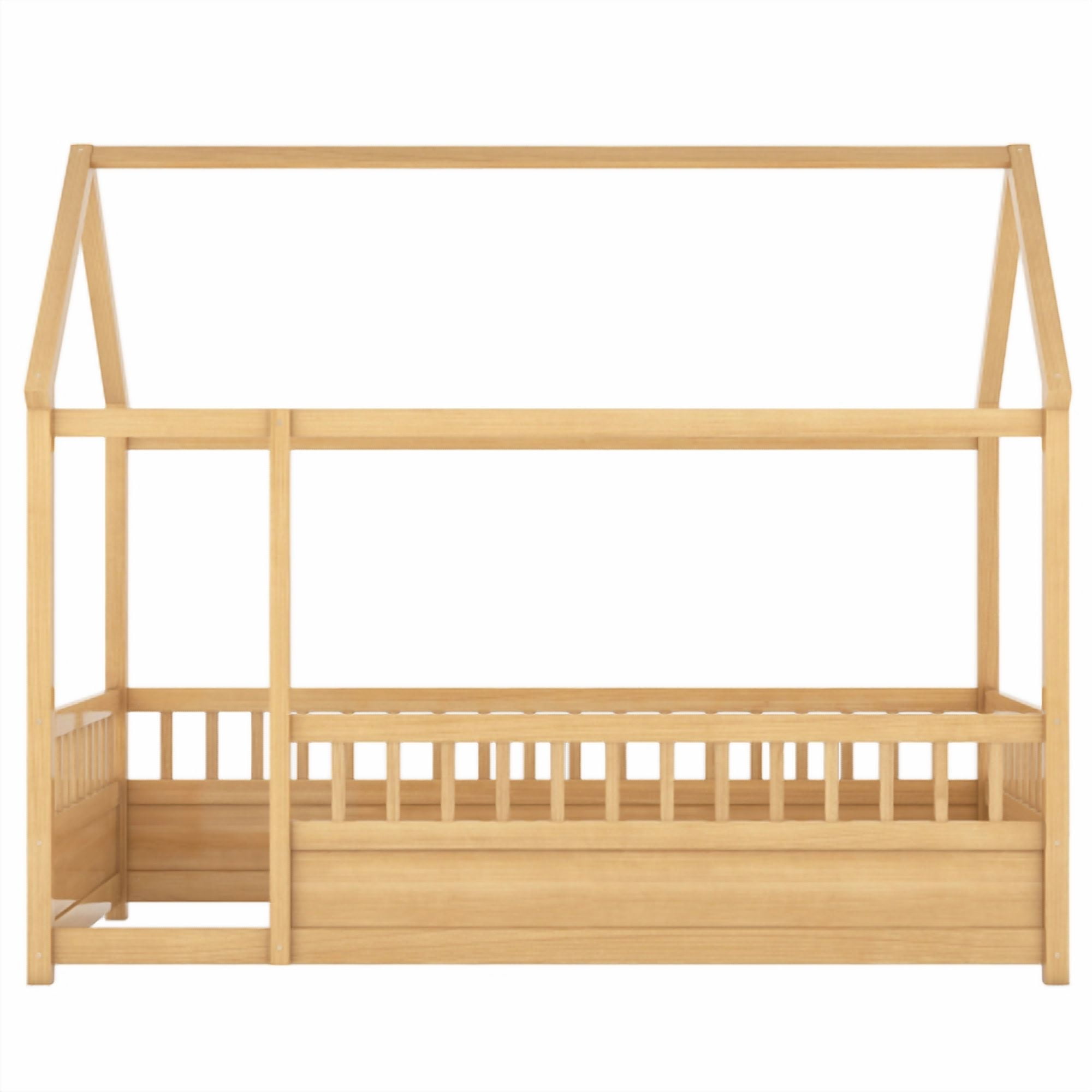 Bellemave Twin Size House Floor Bed, Wooden Twin House Bed with High Fence, Safe Playhouse Montessori Floor Bed with Fence, Natural
