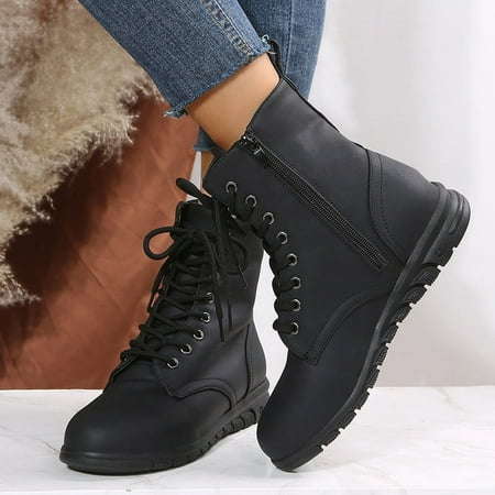 

British Style Solid Color Lace-up Boots Side Zip Casual Wedge Heel Women s Boots