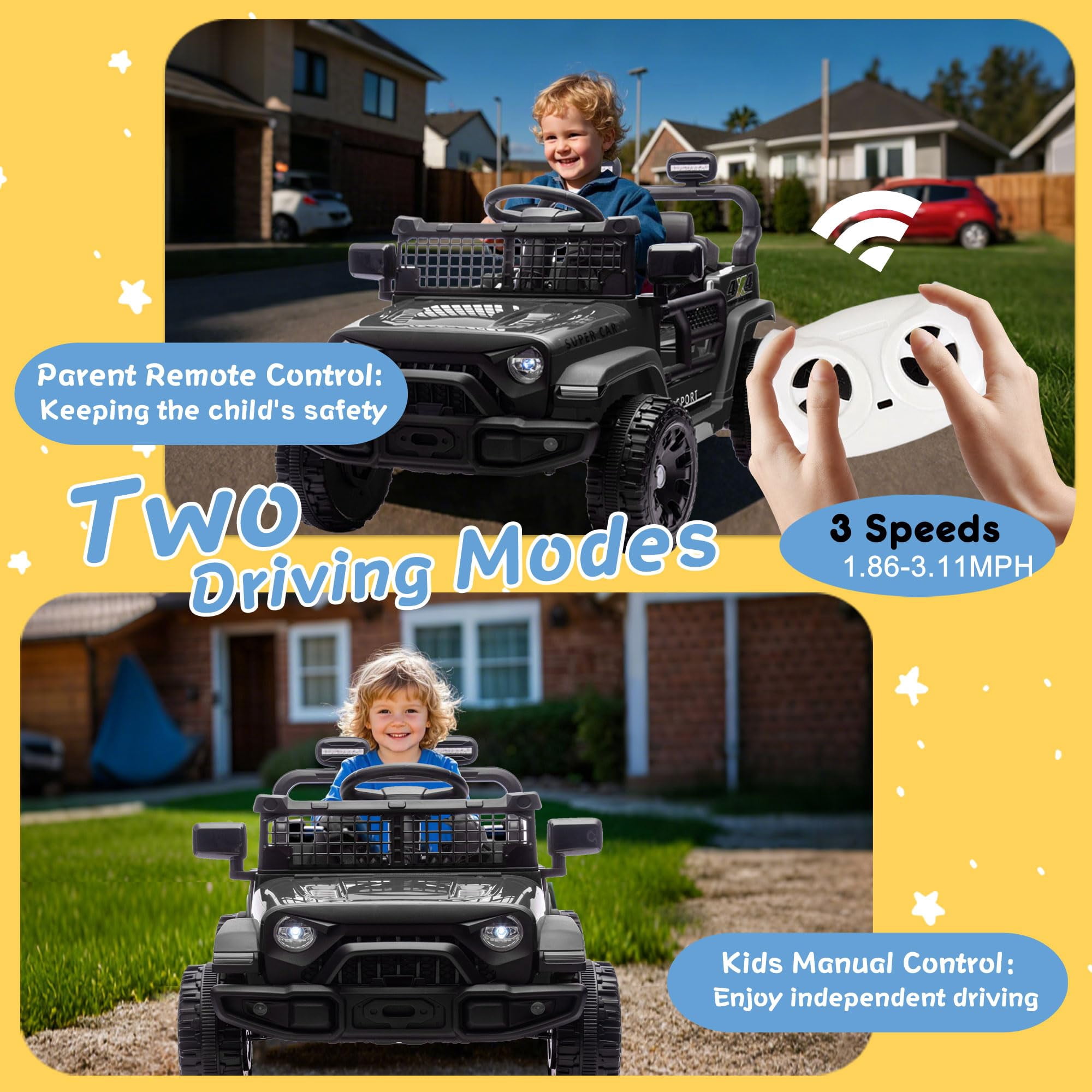 HTW24V Kids Ride On Truck with Parental Remote Control – Electric Off-Road Car for Boys & Girls, 4-Wheel Suspension, Bluetooth Music, LED Lights, Power Display, Ages 3+ (Black)​