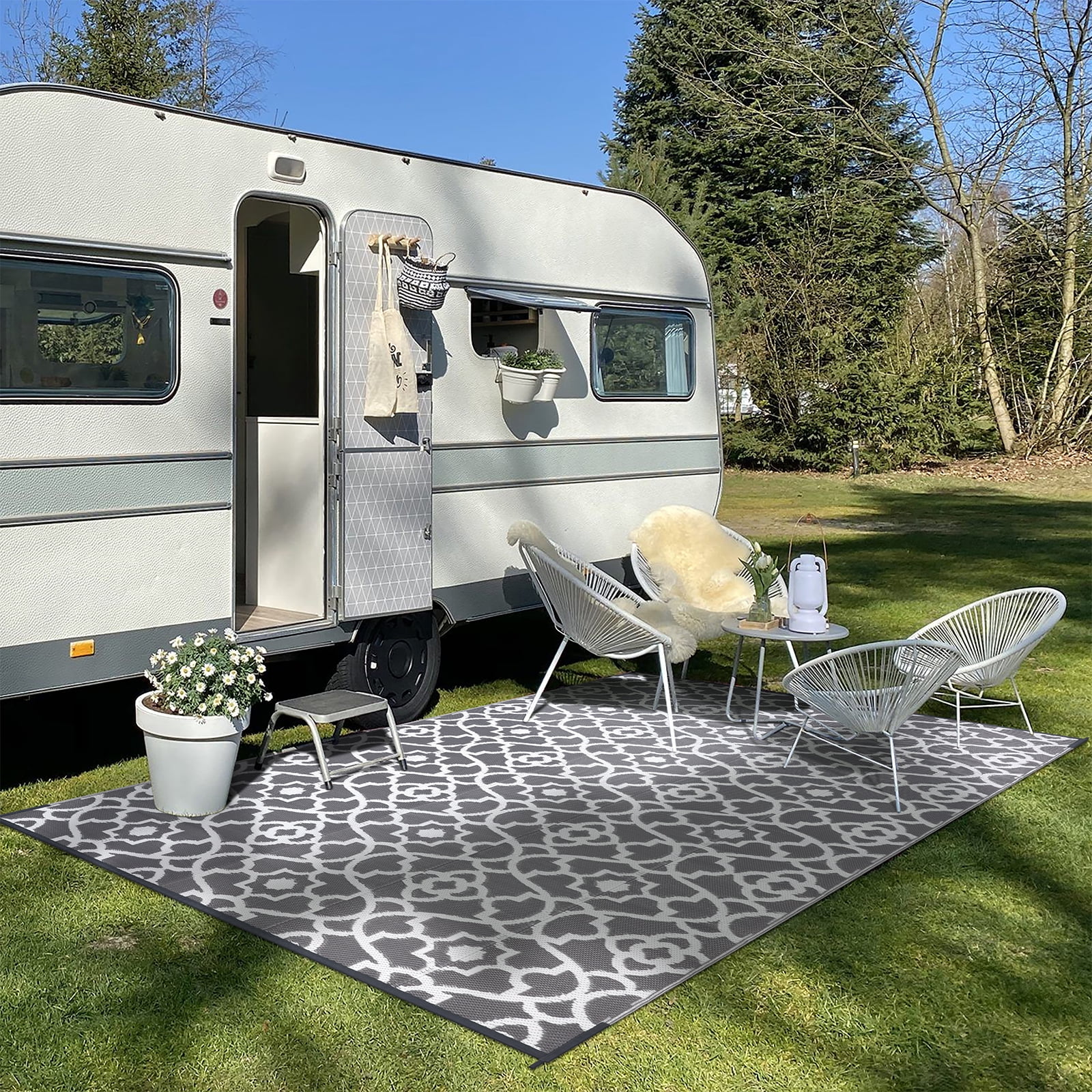 MeyJey 6'x9' Outdoor Rug, Patio Rug Waterproof RV Outdoor Rug Camping Rugs Reversible Plastic Mat for Camping, Balcony Apartment, Patio, Porch, Picnic, Beach, Gray