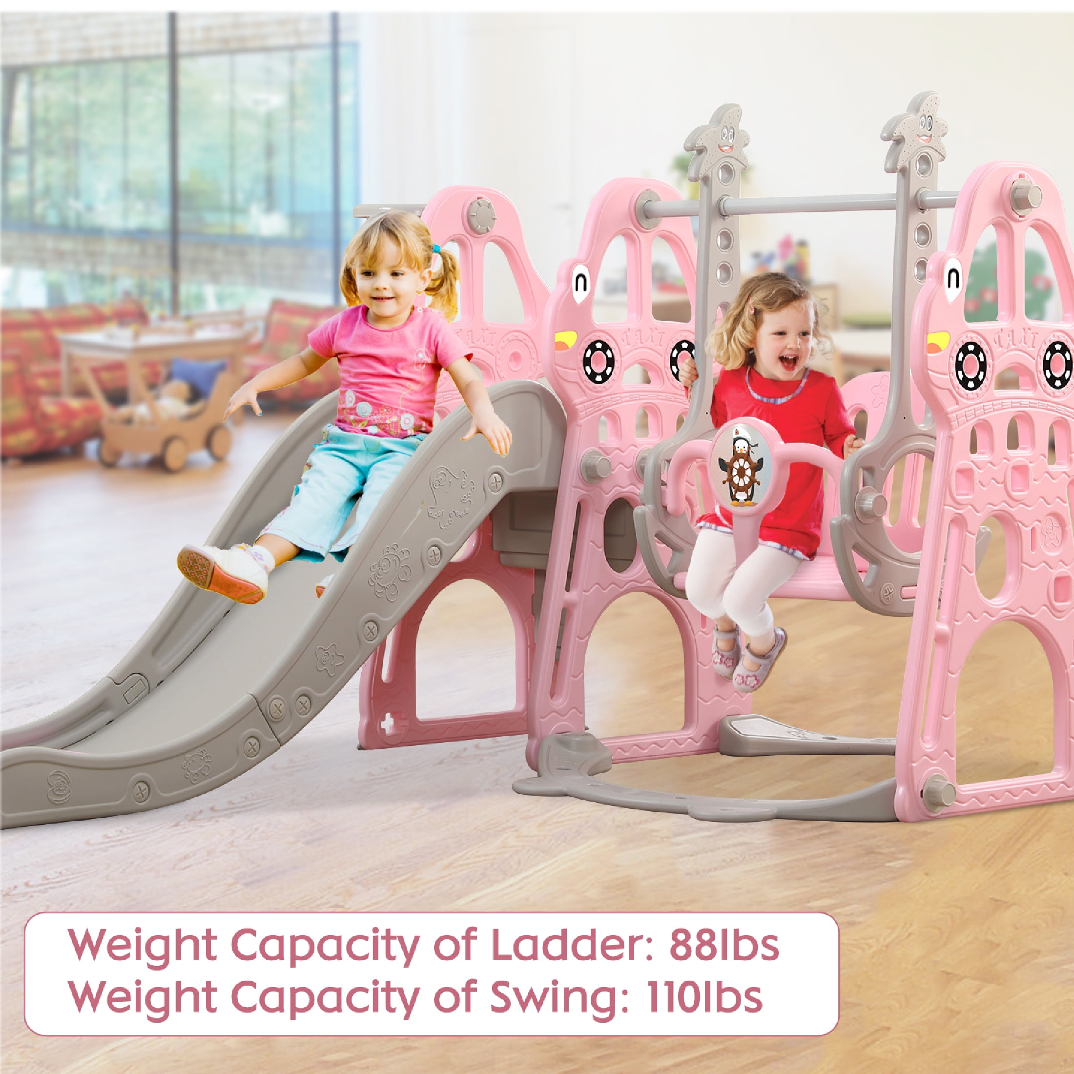 Ealing 4 in 1 Slide and Swing for Toddlers Age 1-2 ,Baby Swing Playset Indoor with Safety Belt and Basketball Hoop,Pink
