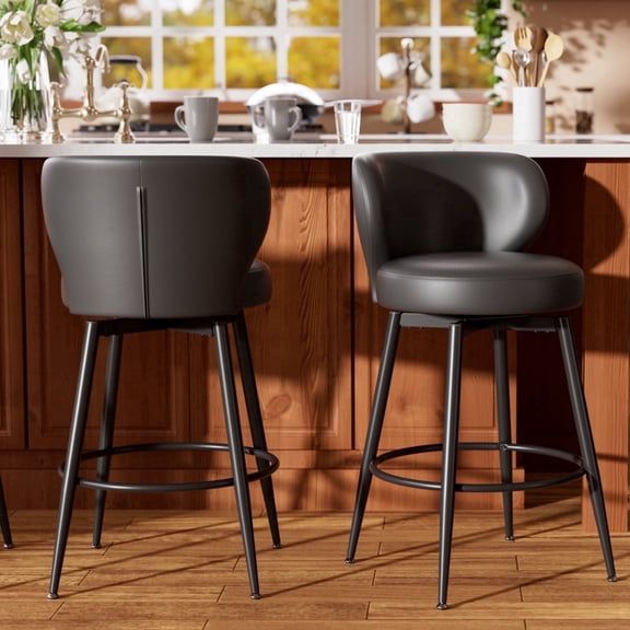 Genpo Bar Stools Set of 2, 26 Inch Barstools with Sturdy Legs, Black Leather Farmhouse Swivel Counter Height Bar Stool for Kitchen, Dining, Bar