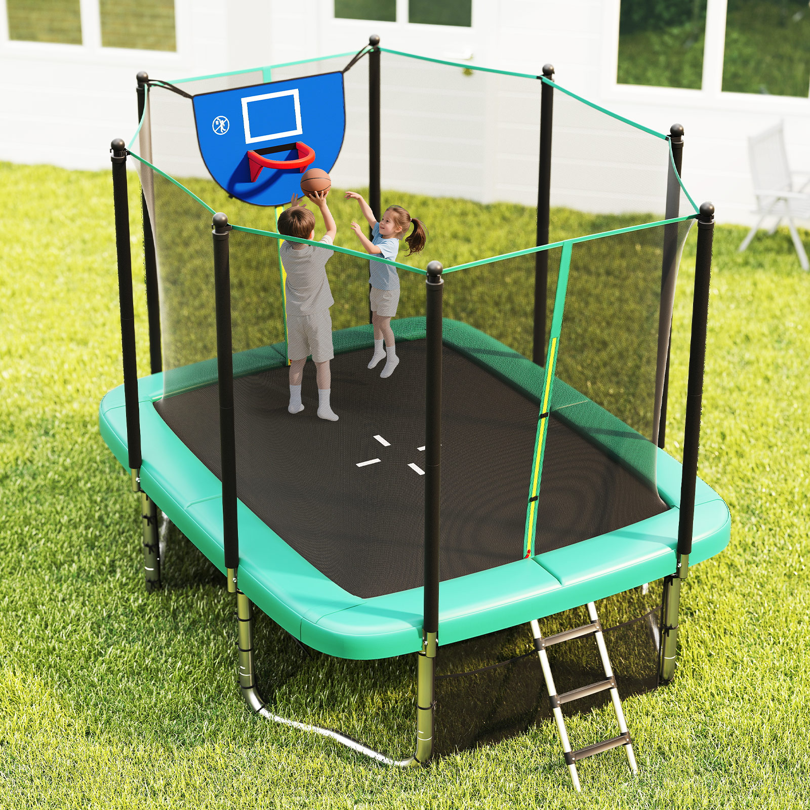 Gymax 10 x 8 FT Heavy-Duty Trampoline w/Basketball Hoop Soccer Goal Non-Slip Ladder Green