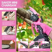 Saker 4 Inch Mini Chainsaw, Pink Cordless Chainsaw, Electric Chainsaw for Tree Branches, Courtyard, Household & Garden(2PCS 1500mAh Batteries & 3 PCS Chains)