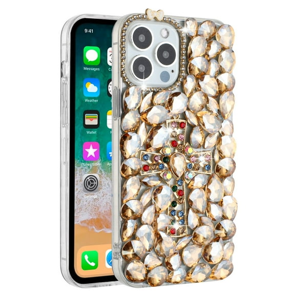 For Apple iPhone 15 Plus (6.7") Cross Bling Crystal 3D Full Diamonds Pearl Sparkle Rhinestone Glitter Hybrid Cover ,Xpm Phone Case [ Gold ]