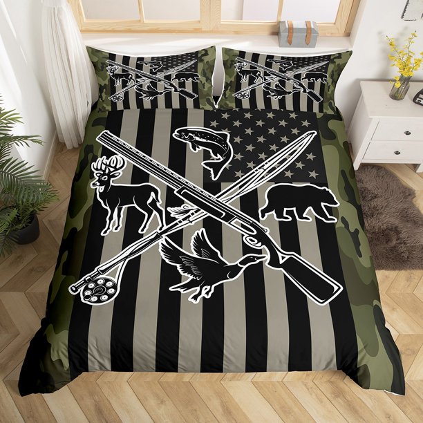 YST Camo American Flag Comforter Cover Full Kids Hunting Animal Fishing