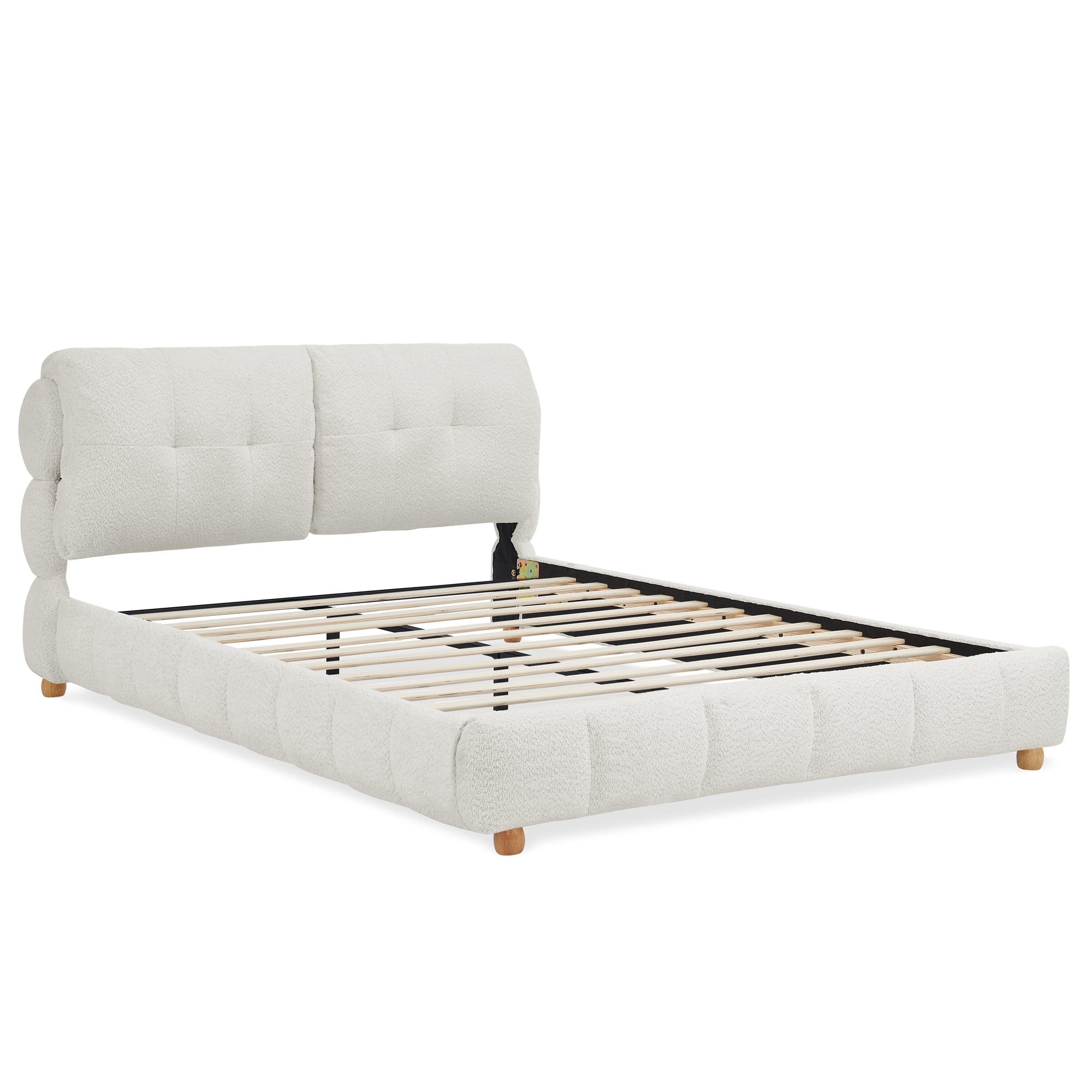 Queen Size Bouclé Fabric Platform Bed, Soft Cloud-Like Upholstered Frame, No Box Spring Needed