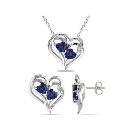 Tangelo 3-1/3 Carat T.G.W. Created Blue Sapphire and Diamond-Accent Sterling Silver 2-piece Heart Earrings and Pendant Set