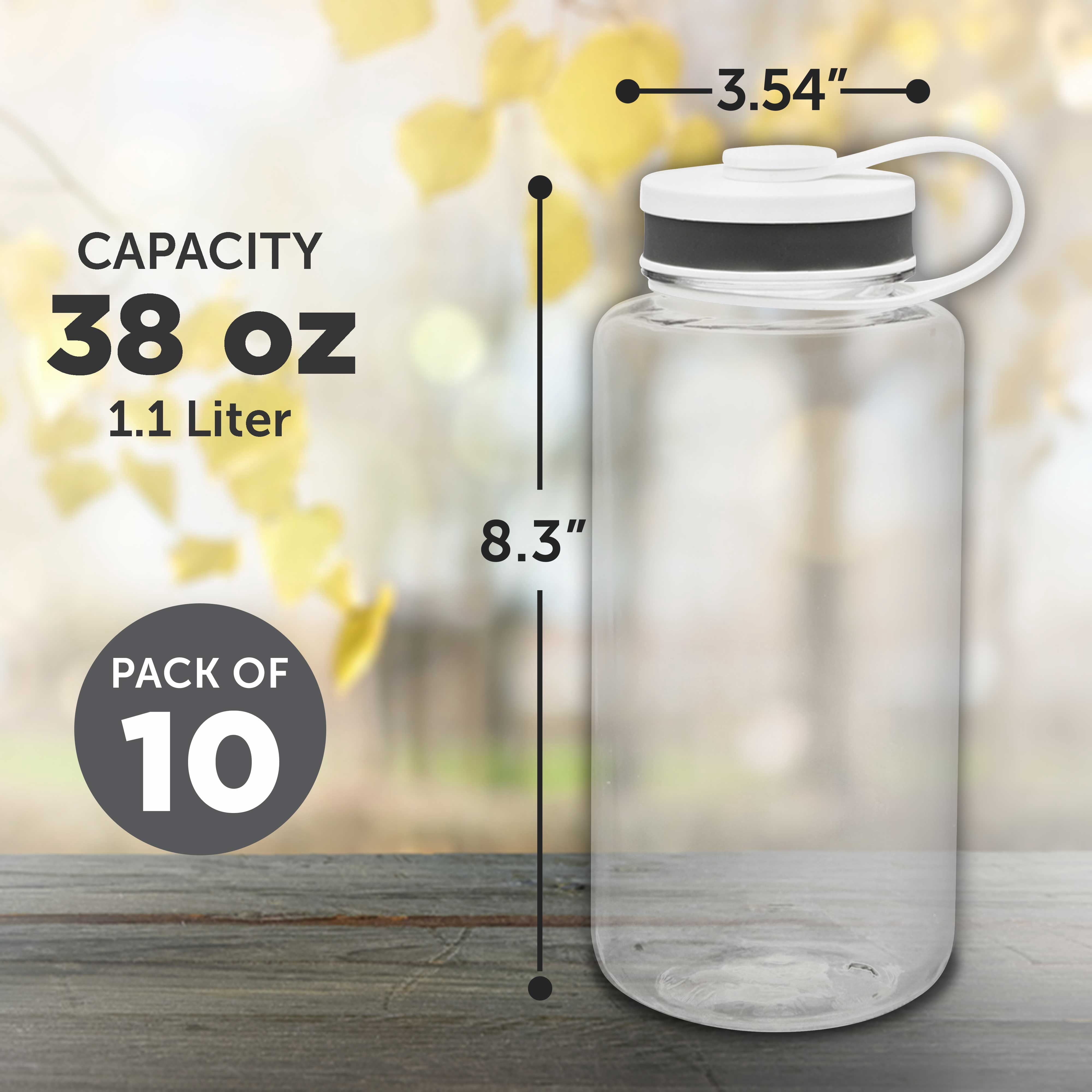 Plastic Sports Water Bottles with Flip Lid 38 oz. Set of 10, Bulk Pack - Great for Gym, Hiking, Cycling, Camping, Backpacking, School - Clear