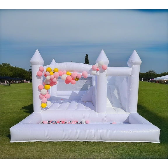 Ejia 15x15F White Bounce House Castle Inflatable Pvc with Slide Ball Pit for Outdoor Kids Birthday Adults Wedding Party