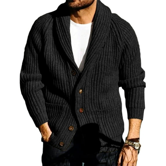 Dellytop Mens Shawl Collar Button Down Open Front Cable Knitted Ribbed Cardigan Sweaters