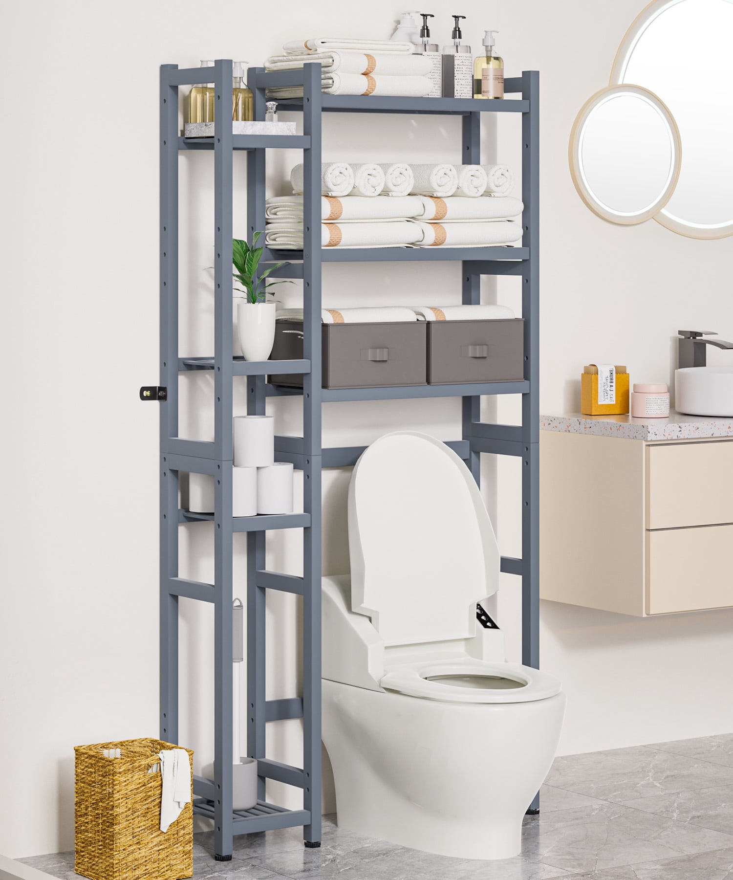VigorPro Over the Toilet Storage, Bamboo Bathroom Organizer with Basket, Drawer, Waterproof Feet Pad, Adjustable Space-Saving Rack for Restroom and Laundry
