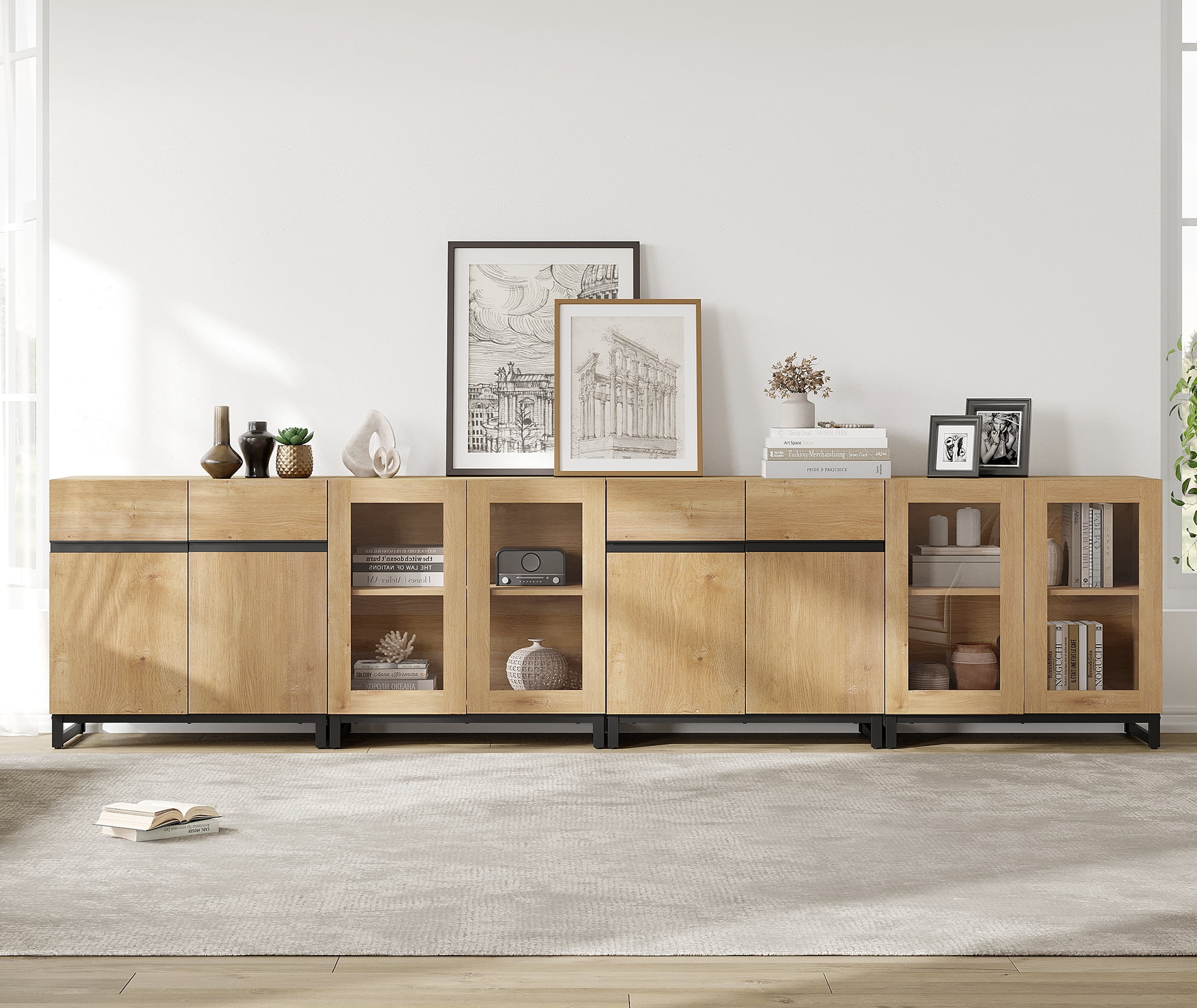 Home Bedroom Storage Cabinet, 4 In 1 Chest with Glass Doors and Adjustable Shelves, Modern Modular Closet Organizer Furniture,Oak