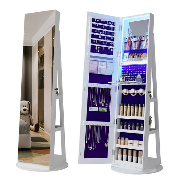 HNEBC LED Light Jewelry Organizer Mirror 360° Rotating Jewelry Armoire with Door Mirror Large Storage Jewelry Cabinet Organizers-B_White